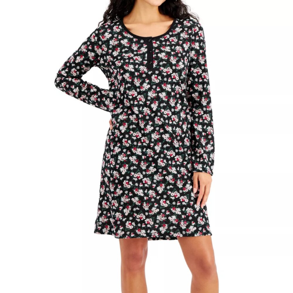 NWT Charter Club Womens Black Floral Long Sleeve Cotton Sleep Dress S SMALL